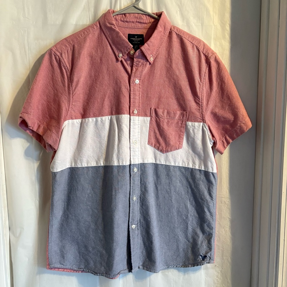 American Eagle Outfitters Classic‎ Fit Button Down Shirt Lg Colorblock Chambray